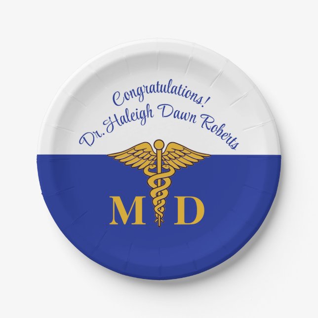 Plato De Papel Caduceus Blue & White Medical School Graduation (Anverso)