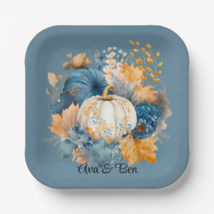 Plato De Papel Cae azul y Naranja Calabaza Peony Boda