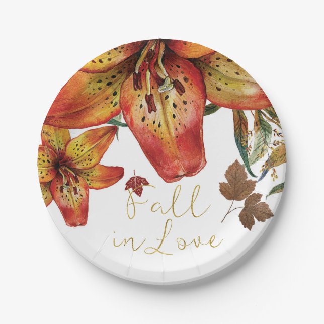 Plato De Papel Caer en amor Naranja Floral Lilies & Leaves Otoño (Anverso)