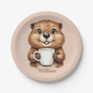 Plato De Papel Café acogedor personalizado de castor en bosque ma