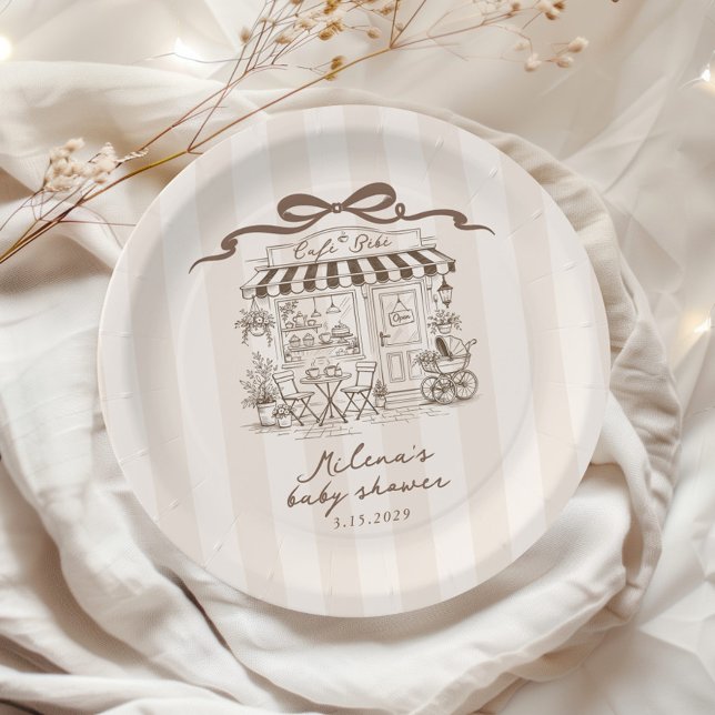 Plato De Papel Cafe Bebe Beige Stripes Parisian theme Baby Shower (Subido por el creador)