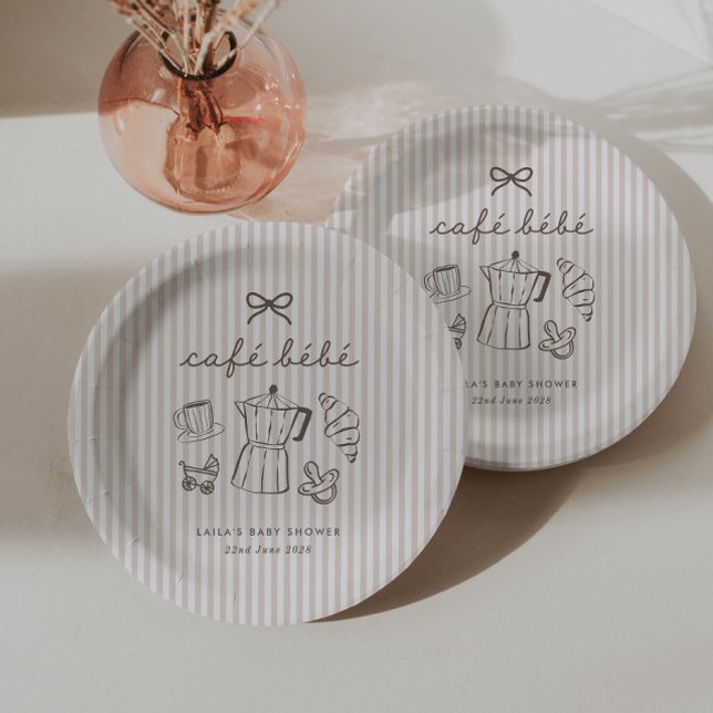 Plato De Papel Cafe Bebe Fiesta de Bebé con Rayas en Casa (Zazzle Cafe Bebe Home Coffee Baby Shower Stripy Paper Plates)