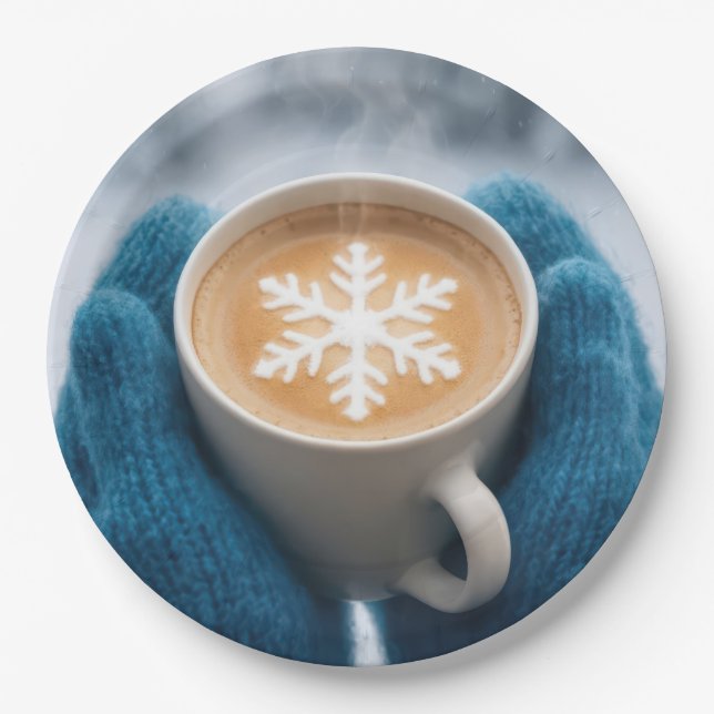 Plato De Papel Café de invierno de Navidad con mitones y copo de  (Anverso)