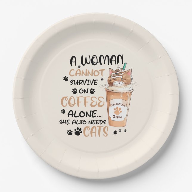 Plato De Papel Café y gatos - Arte Cute Kawaii (Anverso)