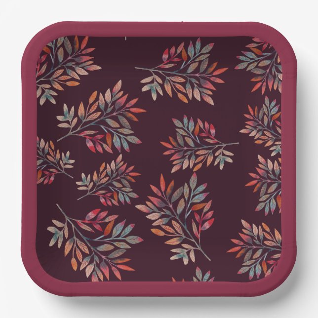 Plato De Papel Caída Botánica Sale del Personalizable Borgoña (Anverso)