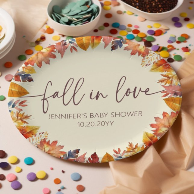 Plato De Papel Caída Cuta en el Amor Foliage Baby Shower (fall baby shower party plates, watercolor autumn leaves)