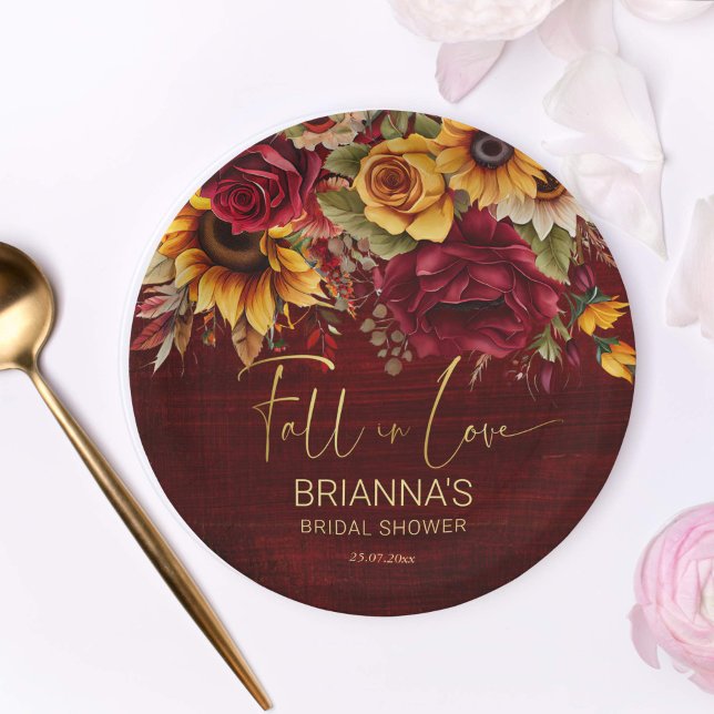 Plato De Papel Caída de la ducha de novia rosas burdeos girasoles (Fall in love bridal shower burgundy roses yellow sunflowers autumn bridal shower tableware)