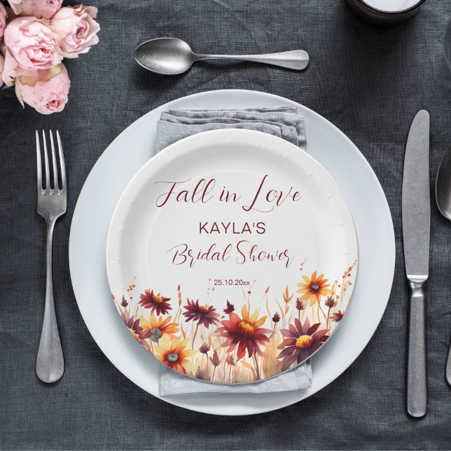 Plato De Papel Caída en el amor naranja burdeos dahlias ducha de  (Fall in love bridal shower tableware burgundy dahlias sunflowers personalized paper plates autumn)