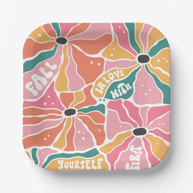 Plato De Papel Caída Floral Retro Boho Enamorada (Anverso)