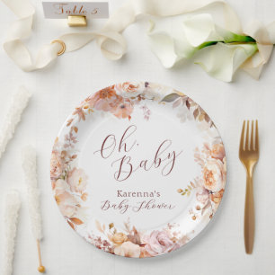 Plato De Papel Caída Floral Vintage Blanca Oh Baby Shower