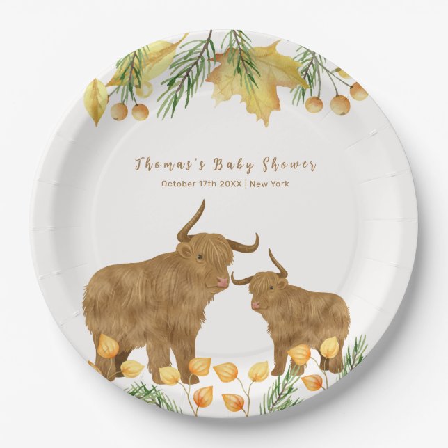 Plato De Papel Caída Rustic Boho Highland Cow Baby Shower (Anverso)