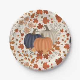 Plato De Papel Caída Rustica Calabazas de otoño flores silvestres
