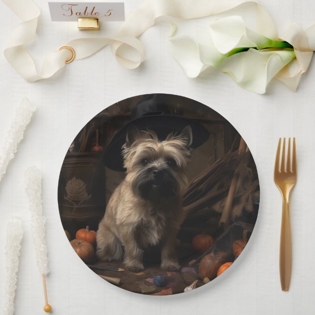 Plato De Papel Cairn Terrier arroja calabazas de Halloween Scary (Boda)