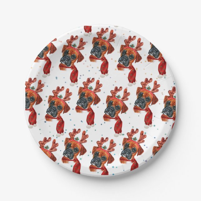 Plato De Papel Caja de perro con cuernos de reno Navidad (Anverso)