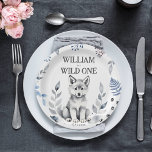 Plato De Papel Cajero para la fiesta de cumpleaños temática Wild<br><div class="desc">Platos fiestas personalizados de la fiesta de cumpleaños temática de un lobo salvaje,  adorable lobo gris esponjoso cachorro algunas hojas del bosque para una fiesta de cumpleaños de los bosques de lobos</div>