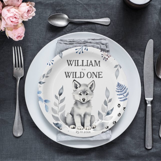 Plato De Papel Cajero para la fiesta de cumpleaños temática Wild  (Wild one wolf themed birthday party tableware cute wolf cub party plates woodlands forest animals )