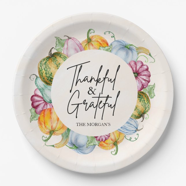 Plato De Papel Calabaza acuática agradecida y grata de otoño (Anverso)