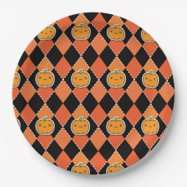 Plato De Papel Calabaza Argyle Kawaii de Halloween