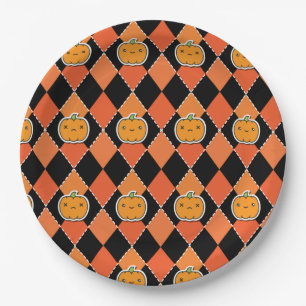 Plato De Papel Calabaza Argyle Kawaii de Halloween