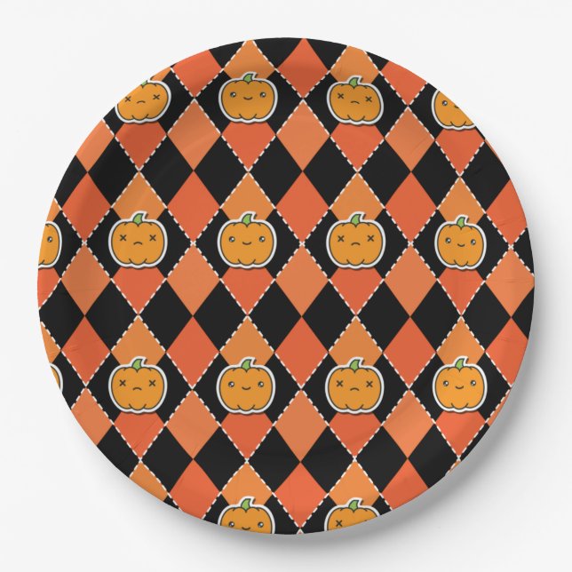 Plato De Papel Calabaza Argyle Kawaii de Halloween (Anverso)