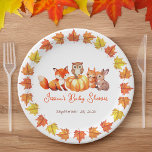 Plato De Papel Calabaza Baby Shower Caída Sale Búho Zorro<br><div class="desc">Para una ducha de bebé de otoño con tema de calabaza. En el centro hay una calabaza con un búho, rodeada de animales del bosque: un zorro rojo a la izquierda, una ardilla y un conejo a la derecha. Bajo ellos, el nombre y la ocasión están escritos en un guión...</div>