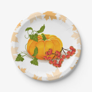 Plato De Papel Calabaza, bayas y hojas caen Acción de Gracias