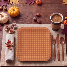Plato De Papel Calabaza Clásica de Otoño Gingham Cuadros