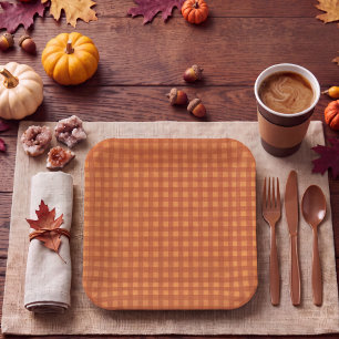 Plato De Papel Calabaza Clásica de Otoño Gingham Cuadros
