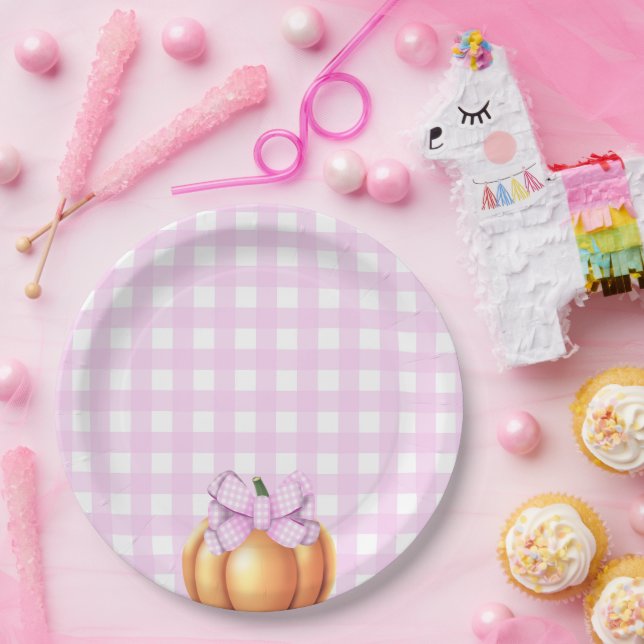 Plato De Papel Calabaza con arco rosado en una jaula de bebé duch (Fiesta)