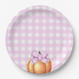 Plato De Papel Calabaza con arco rosado en una jaula de bebé duch