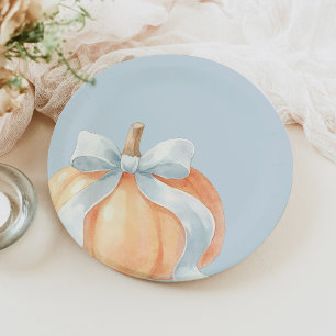 Plato De Papel Calabaza con Lazo Azul Polvoriento Fiesta de Bebé