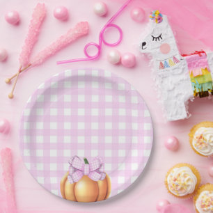 Plato De Papel Calabaza con lazo rosa en jaula baby shower