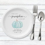 Plato De Papel Calabaza Cuidada Acuarela Niño Ducha Bebé<br><div class="desc">Platos de papel cortos para la ducha de un bebé con "A Sweet Little Pumpkin Is On His Way" en una tipografía gris simple y un guión elegante,  y una acuarela azul pastel de una calabaza.</div>