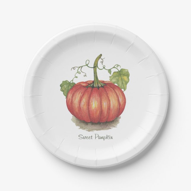 Plato De Papel Calabaza Cuidada Con Vinas En Acuarela (Anverso)