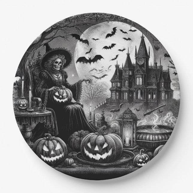 Plato De Papel Calabaza de Brujas Skeleton (Anverso)