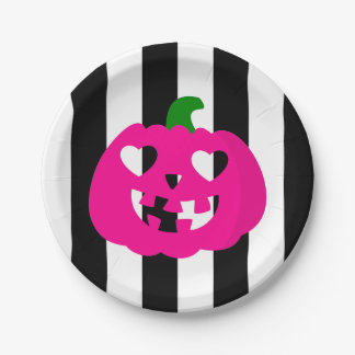 Plato De Papel calabaza de corazón de Halloween rosa rayada