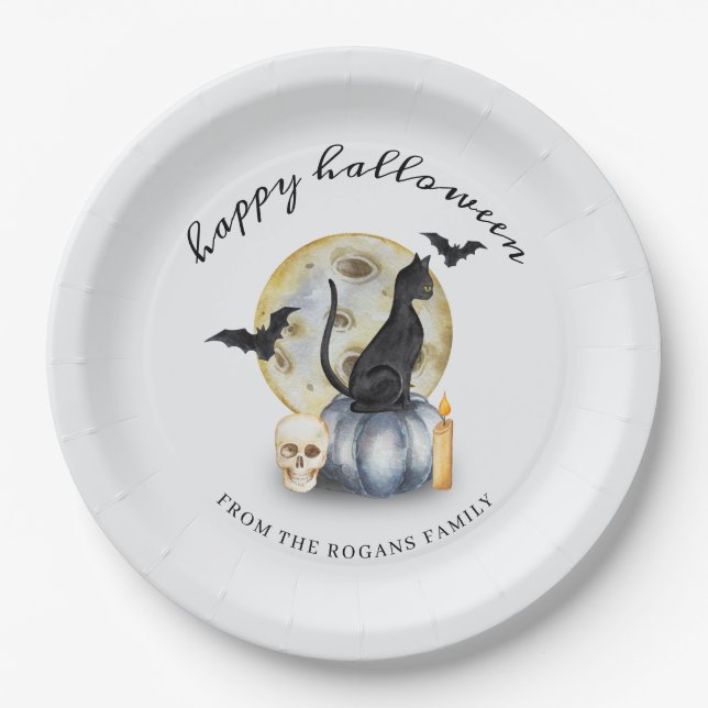 Plato De Papel Calabaza de gatos de Halloween espeluznante (Anverso)