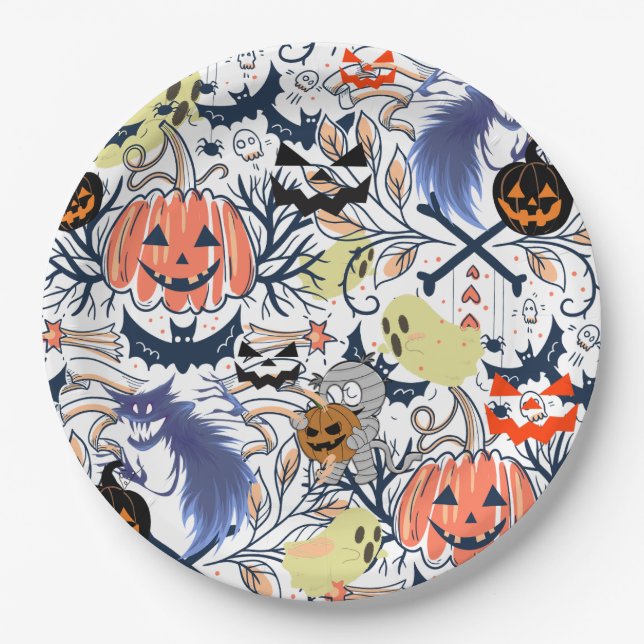 Plato De Papel Calabaza de ghouls de halloween retro Mikitiez (Anverso)