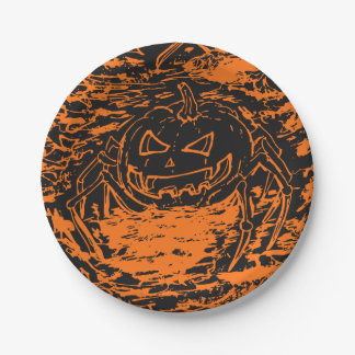 Plato De Papel Calabaza de Halloween Araña Naranja Arte de Línea