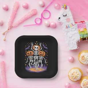 Plato De Papel Calabaza de Halloween con esqueleto bailarín