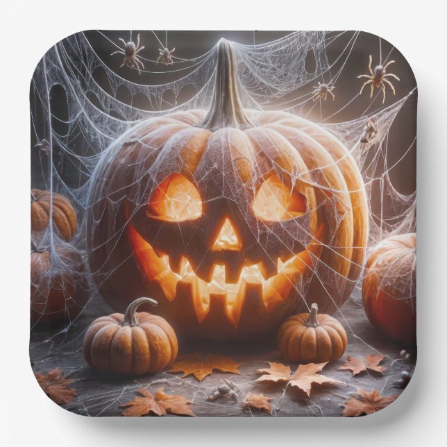 Plato De Papel Calabaza de Halloween cubierta de telarañas (Anverso)