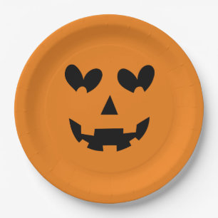 Plato De Papel Calabaza de Halloween de corazón feliz naranja y n