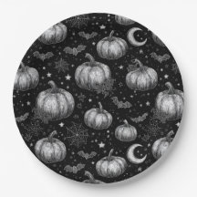 Calabaza de Halloween en blanco y negro, murciélag