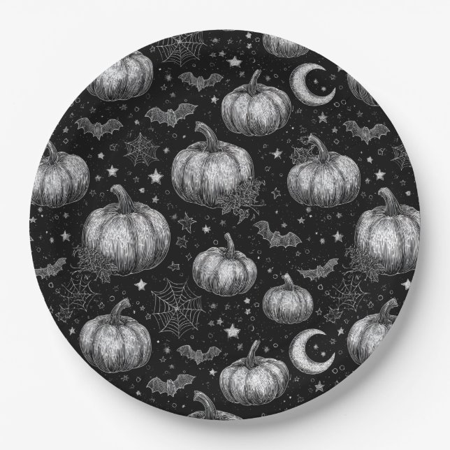 Plato De Papel Calabaza de Halloween en blanco y negro, murciélag (Anverso)