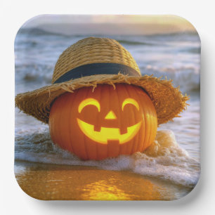 Plato De Papel Calabaza de Halloween en la playa
