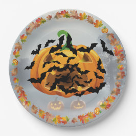 Plato De Papel Calabaza de Halloween espeluznante con murciélagos