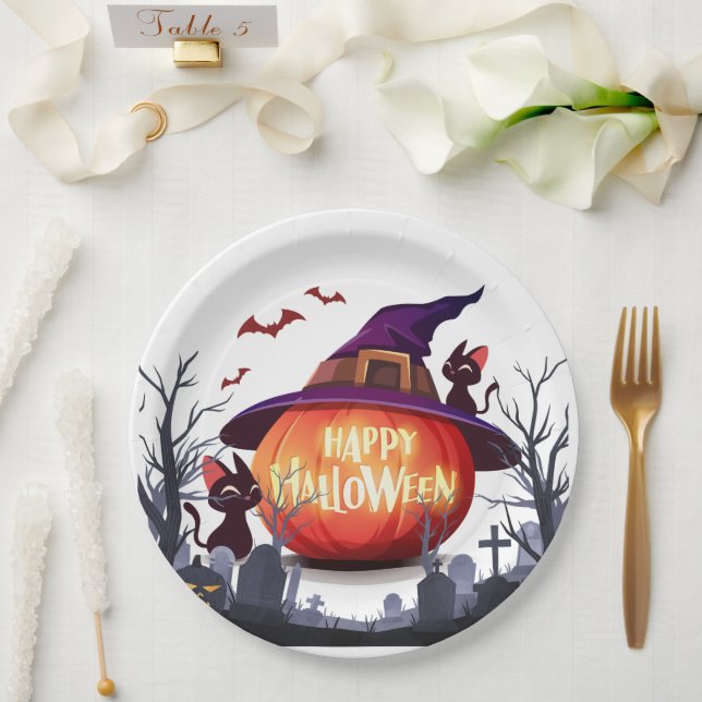 Plato De Papel Calabaza de Halloween, gatos y avispas (Boda)