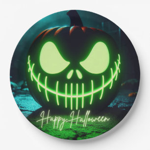 Plato De Papel Calabaza de Halloween verde chillón