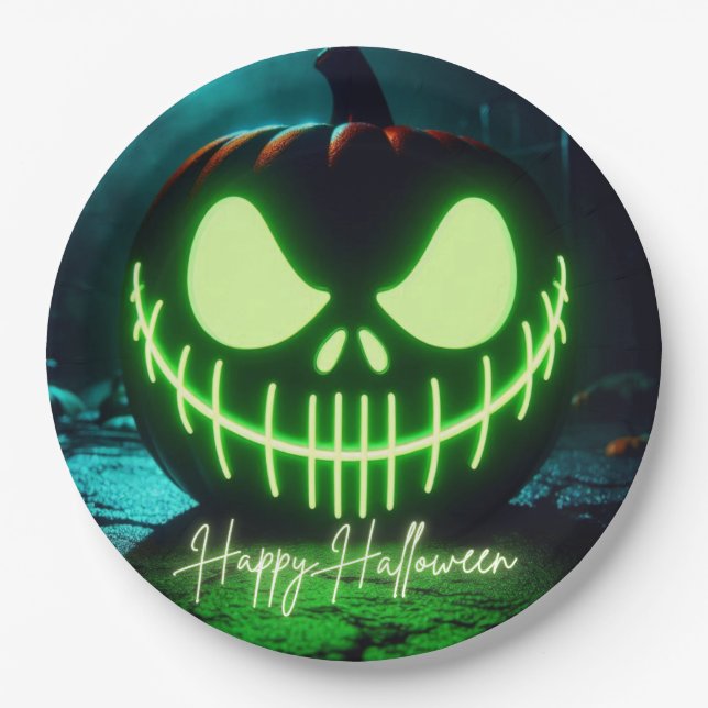 Plato De Papel Calabaza de Halloween verde chillón (Anverso)