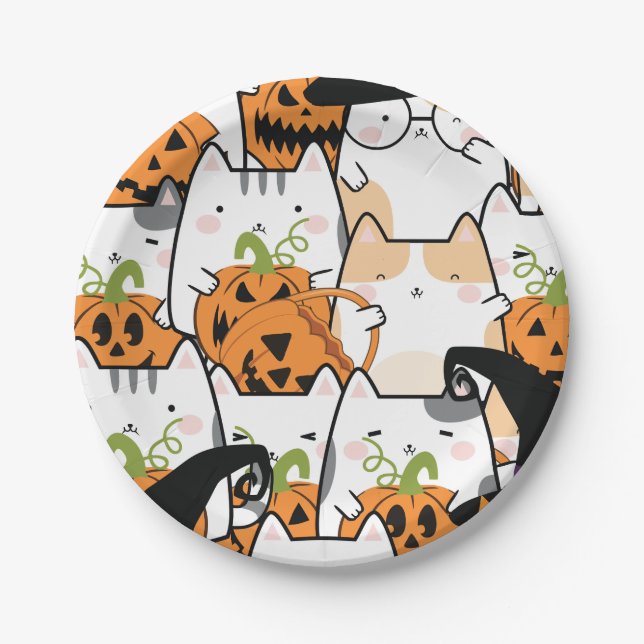 Plato De Papel Calabaza de Halloween y papel para gato (Anverso)